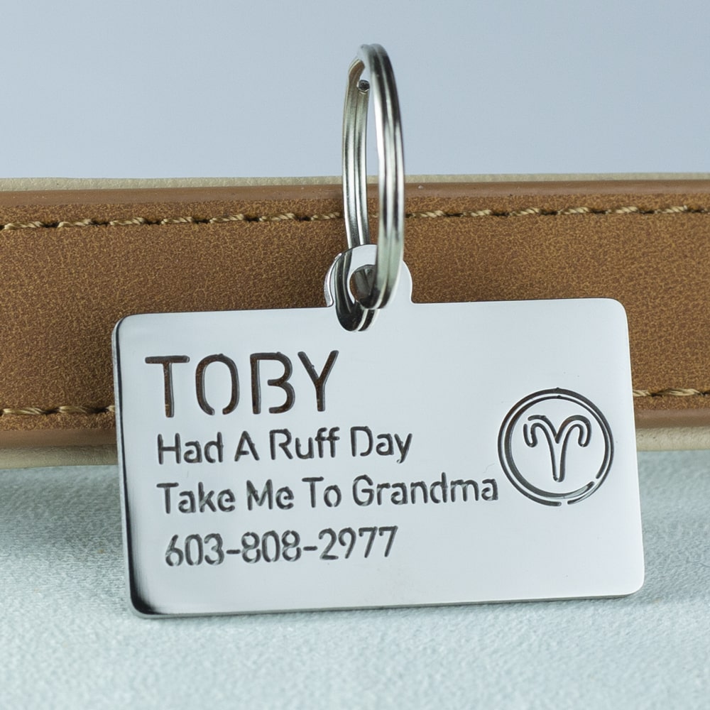 custom hollow laser-cut stainless steel aries zodiac dog ID tag with cut-through name lettering