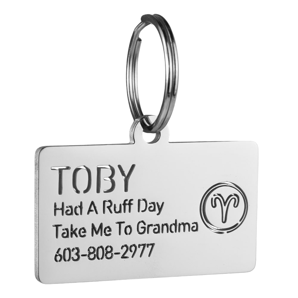 custom hollow laser-cut stainless steel aries zodiac dog ID tag with cut-through name lettering