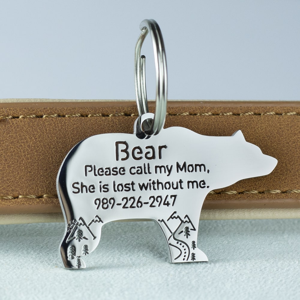 custom hollow laser-cut stainless steel bear dog ID tag with cut-through name lettering