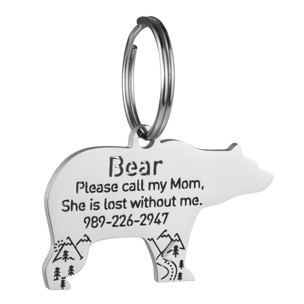 custom hollow laser-cut stainless steel bear dog ID tag with cut-through name lettering