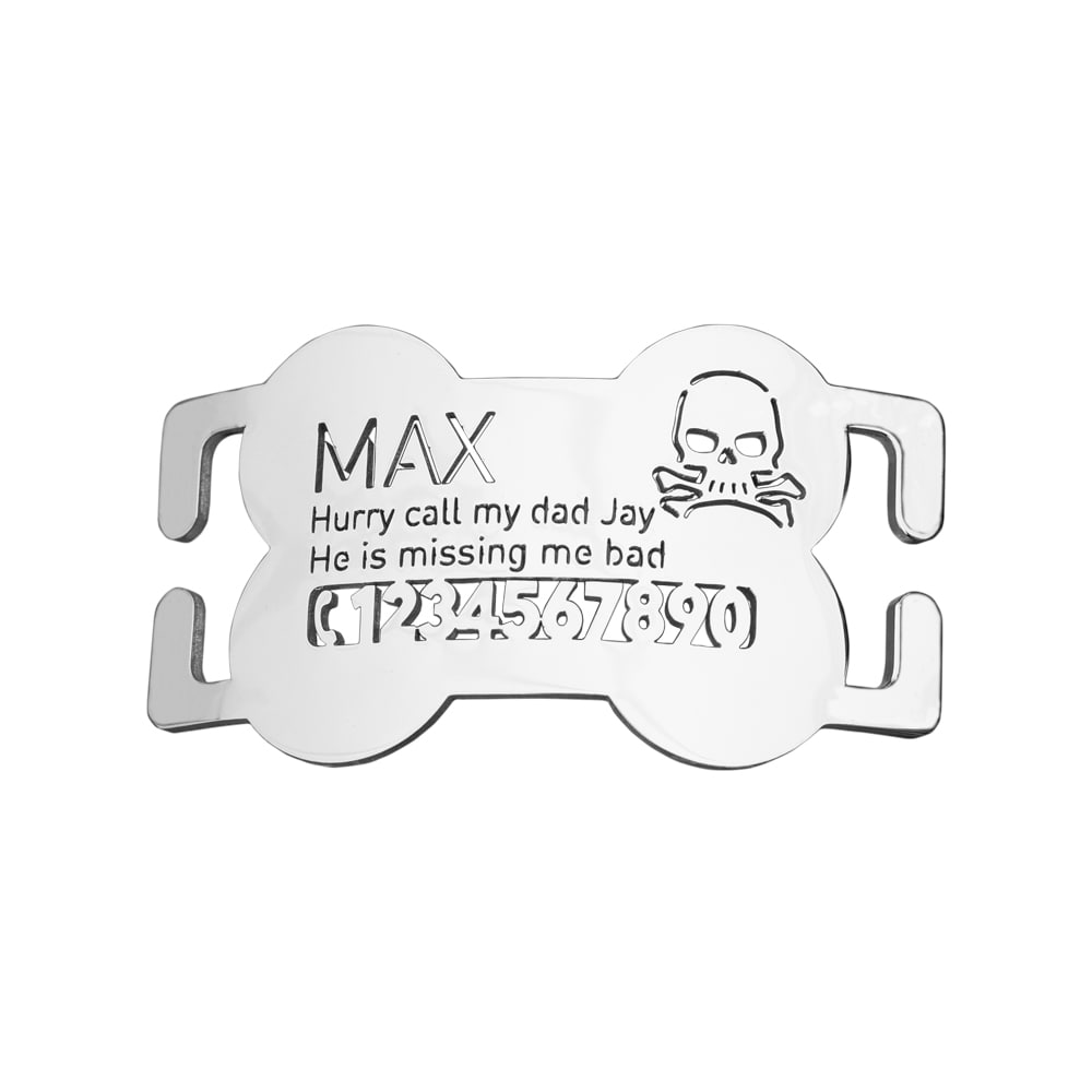 custom laser-cut stainless steel bone shaped slide-on dog ID tag shown flat on a collar, with name engraving