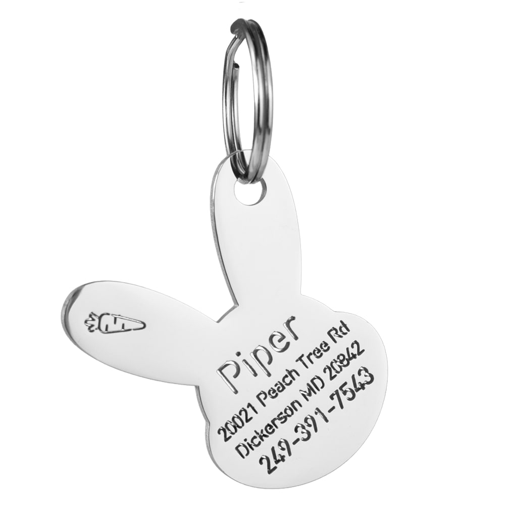 custom hollow laser-cut stainless steel bunny shaped dog ID tag with cut-through name lettering