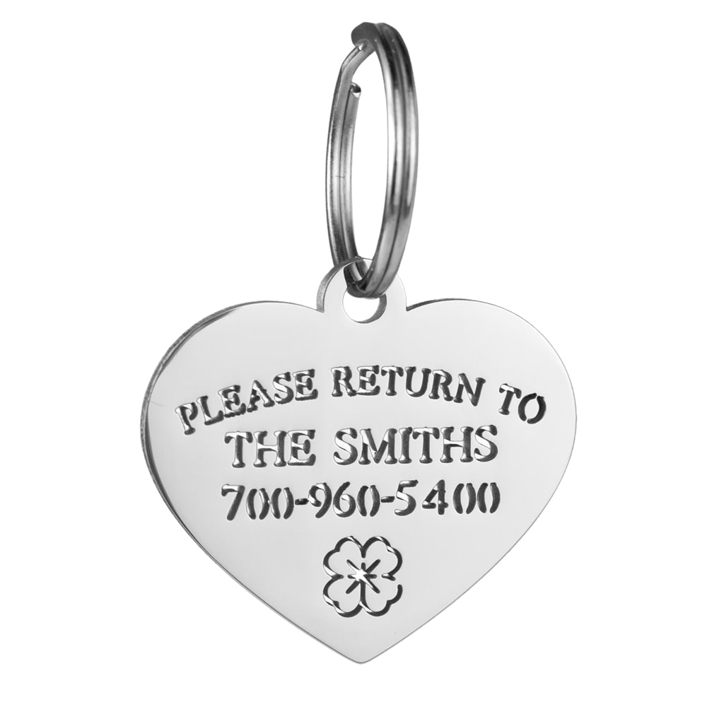 custom hollow laser-cut stainless steel classic heart dog ID tag with cut-through name lettering