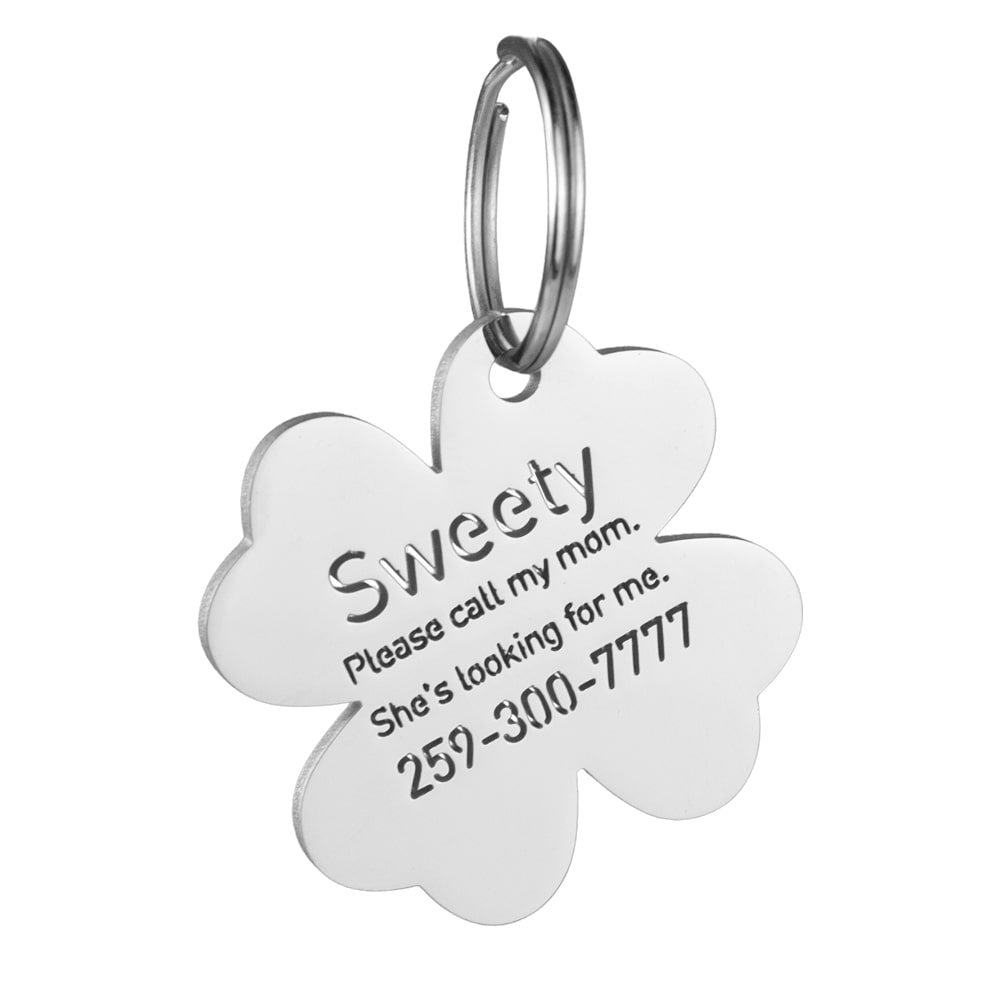 custom hollow laser-cut stainless steel clover dog ID tag with cut-through name lettering