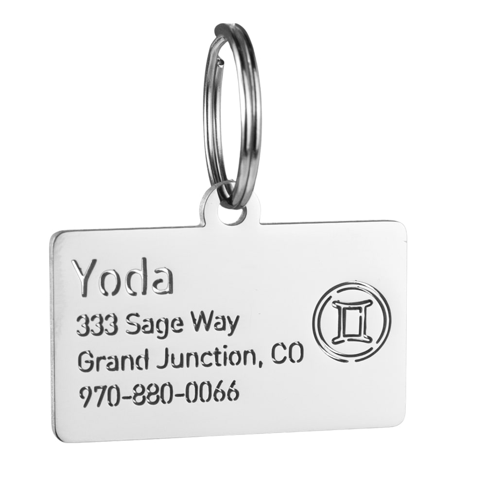 custom hollow laser-cut stainless steel gemini zodiac dog ID tag with cut-through name lettering
