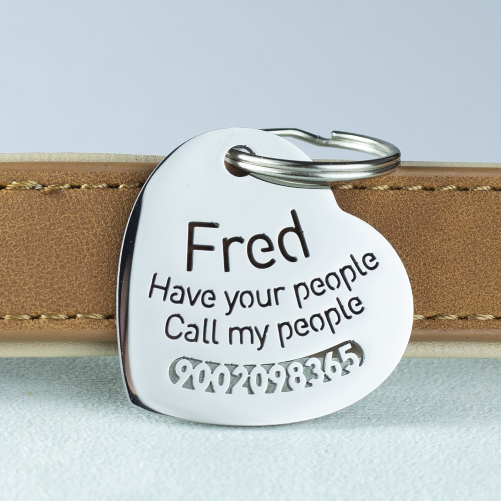 custom hollow laser-cut stainless steel heart shaped dog ID tag with cut-through name lettering