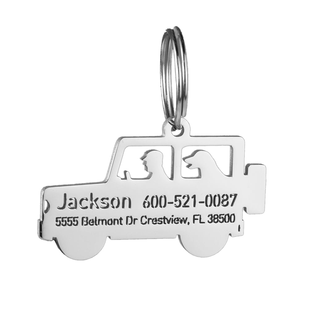 custom hollow laser-cut stainless steel jeep dog ID tag with cut-through name lettering