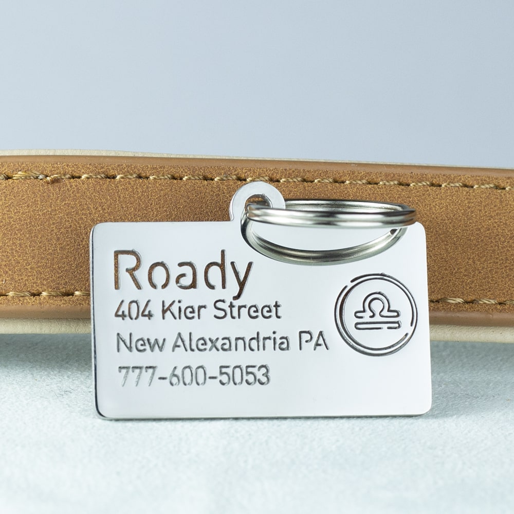 custom hollow laser-cut stainless steel libra zodiac dog ID tag with cut-through name lettering