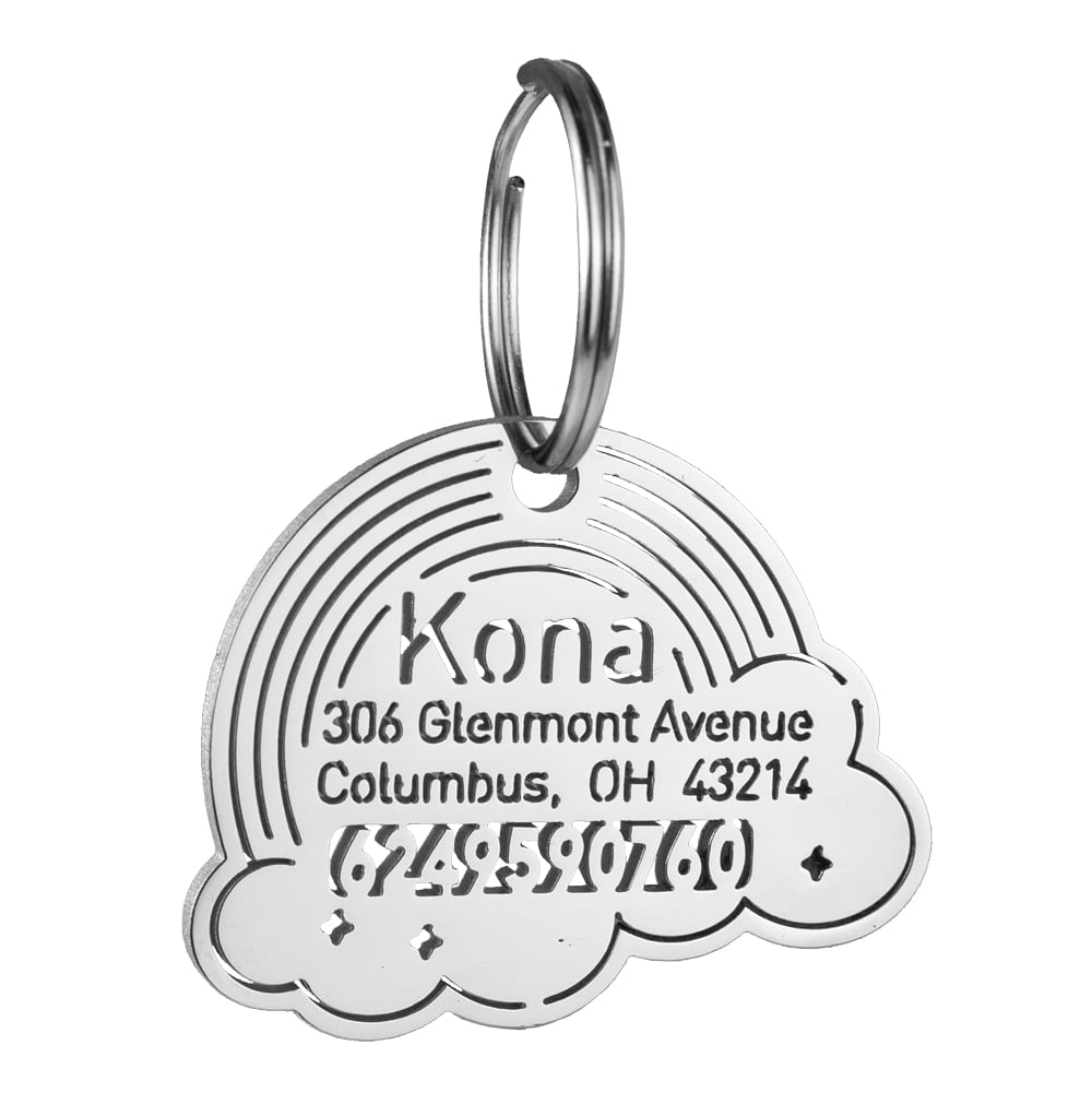 custom hollow laser-cut stainless steel rainbow dog ID tag with cut-through name lettering