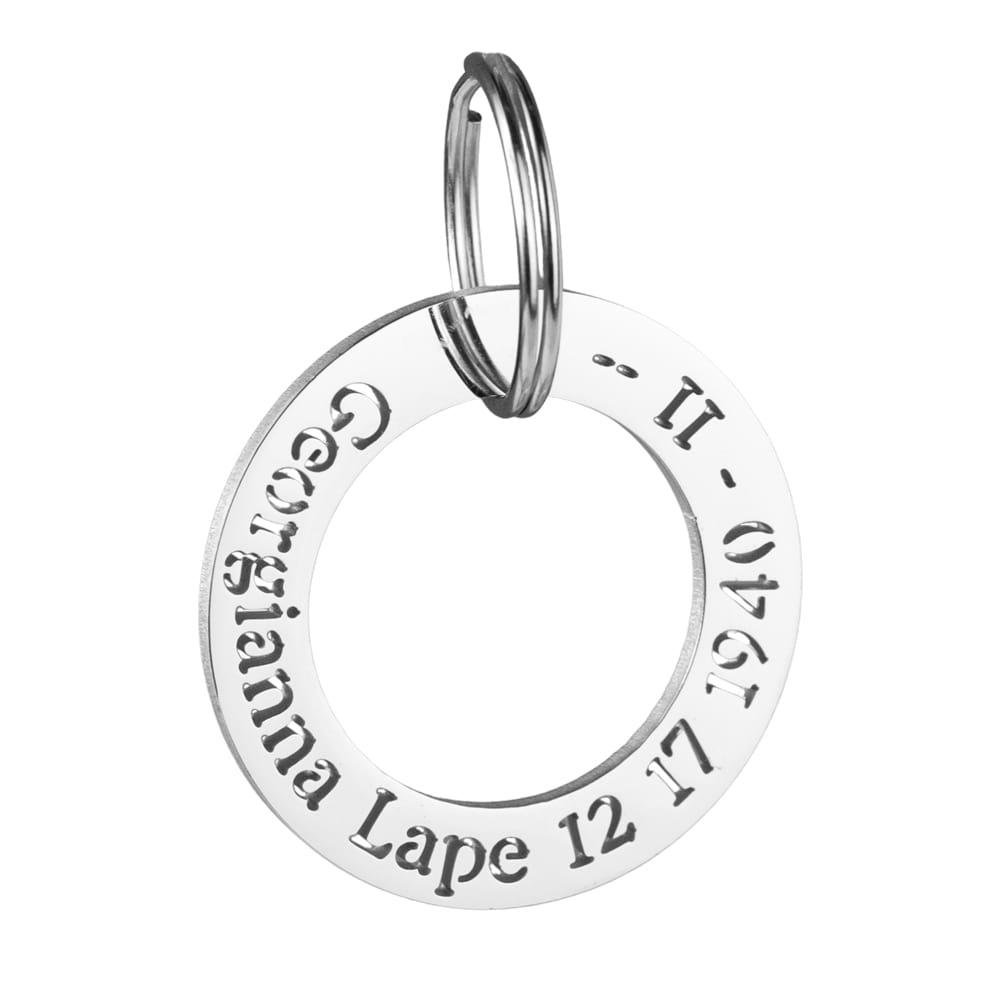 custom hollow laser-cut stainless steel ring dog ID tag with cut-through name lettering