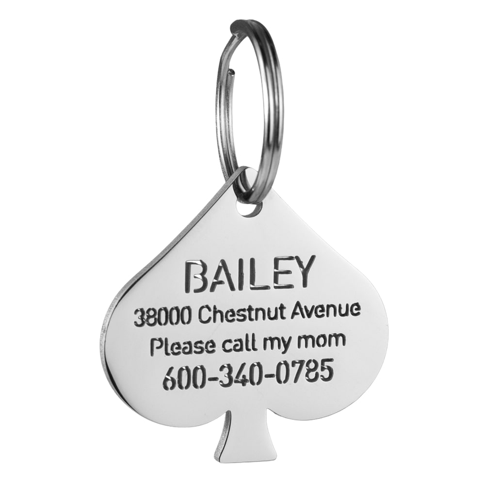 custom hollow laser-cut stainless steel spades dog ID tag with cut-through name lettering