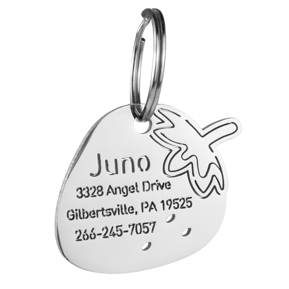 custom hollow laser-cut stainless steel strawberry dog ID tag with cut-through name lettering
