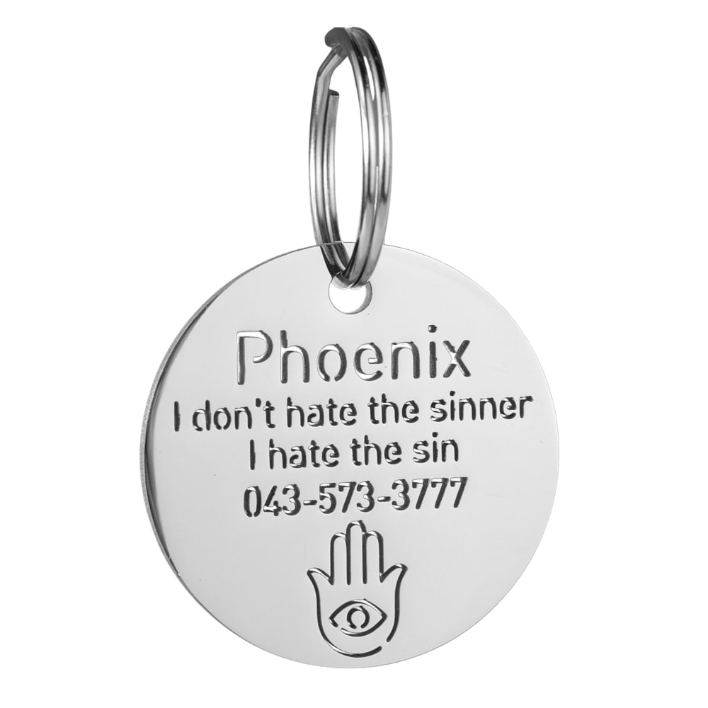 custom hollow laser-cut stainless steel hamsa dog ID tag with cut-through name lettering