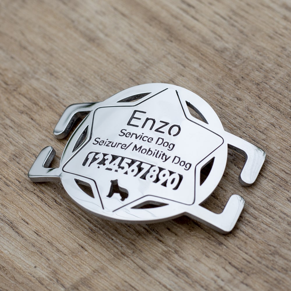 custom laser-cut stainless steel star police badge slide-on dog ID tag shown flat on a collar, with name engraving