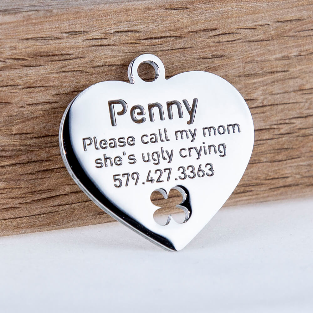 custom hollow laser-cut stainless steel heart dog tag with cut-through name lettering