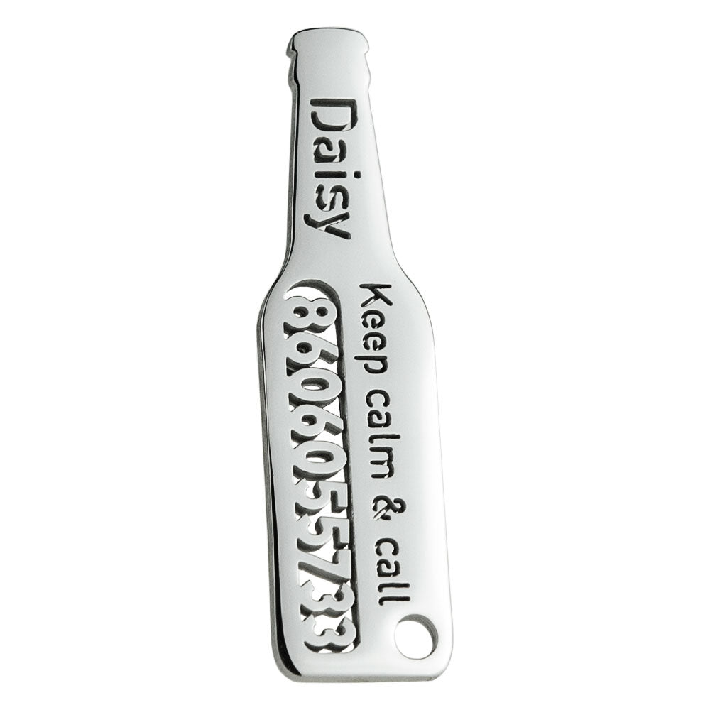 custom hollow laser-cut stainless steel beer bottle dog ID tag with cut-through name lettering
