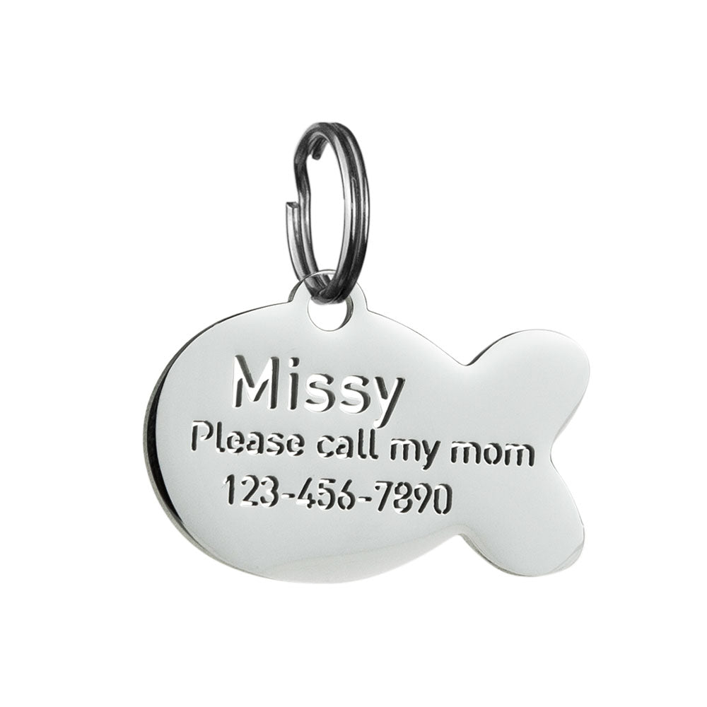 custom hollow laser-cut stainless steel fish cat tag with cut-through name lettering