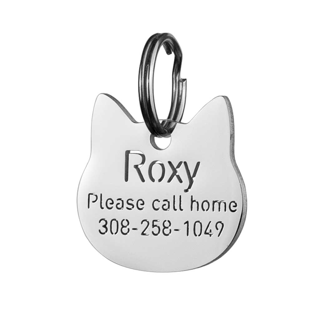 custom hollow laser-cut stainless steel hollow tags for cat with cut-through name lettering