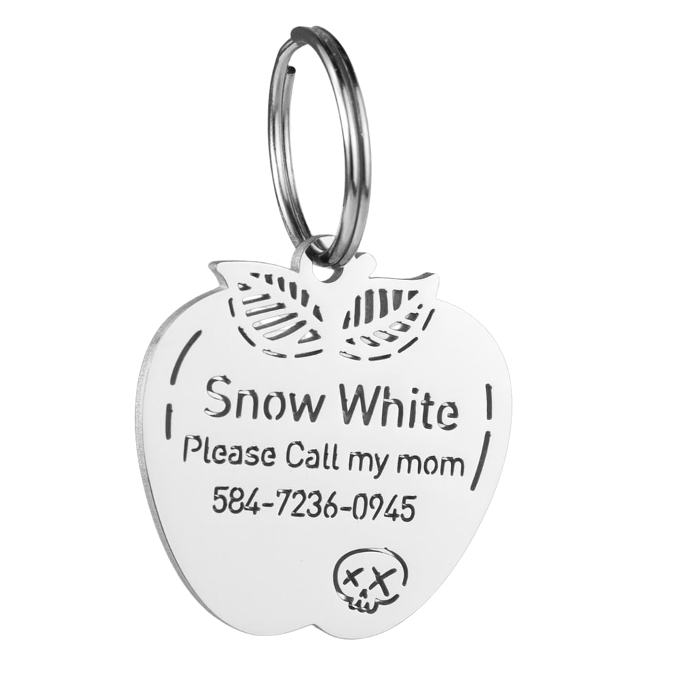 custom hollow laser-cut stainless steel apple dog ID tag with cut-through name lettering