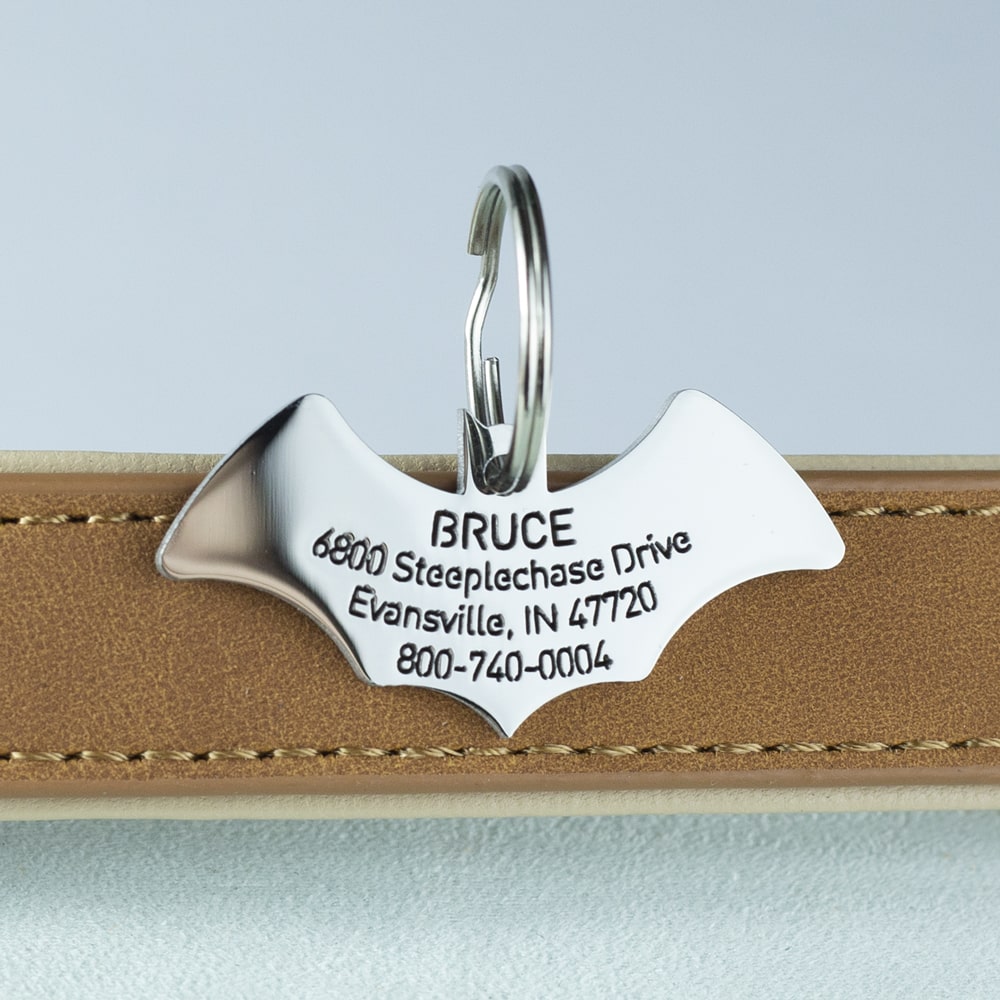 custom hollow laser-cut stainless steel bat dog ID tag with cut-through name lettering