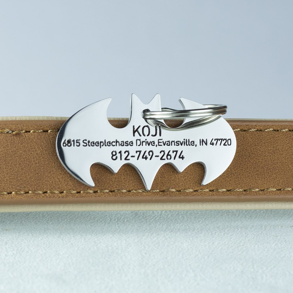 custom hollow laser-cut stainless steel batman dog ID tag with cut-through name lettering