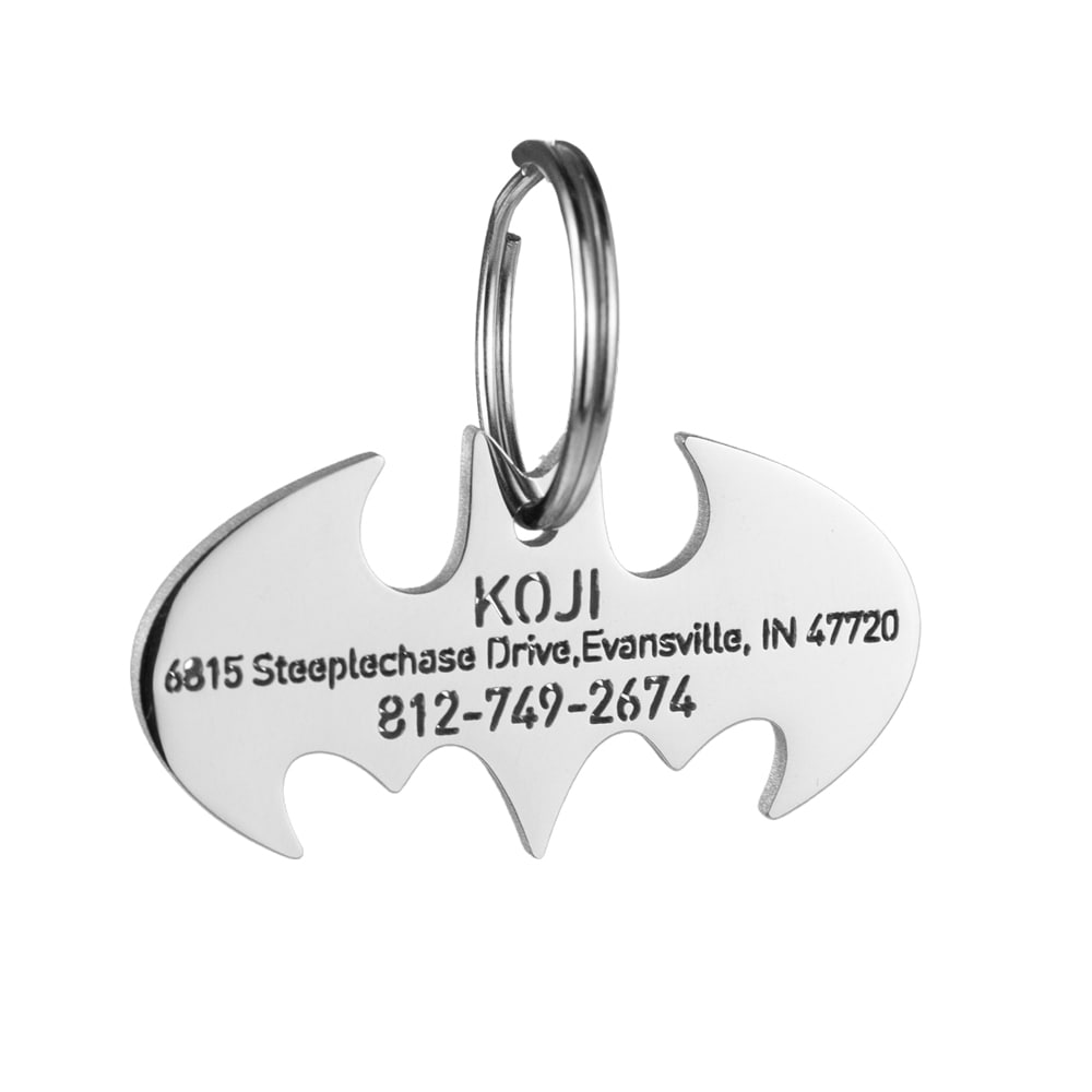 custom hollow laser-cut stainless steel batman dog ID tag with cut-through name lettering