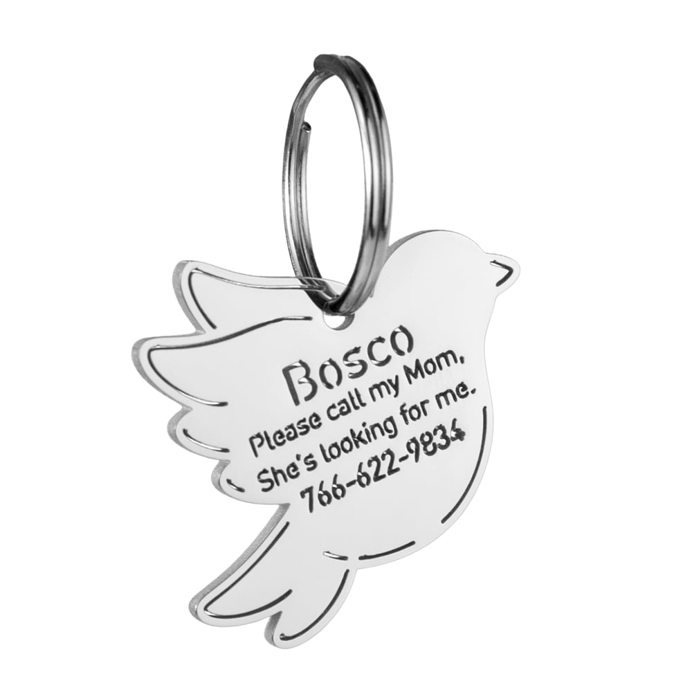 custom hollow laser-cut stainless steel bird dog ID tag with cut-through name lettering
