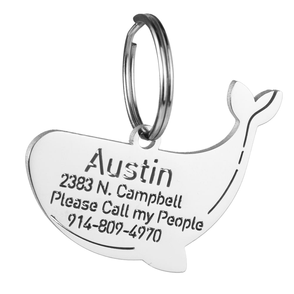 custom hollow laser-cut stainless steel blue whale dog ID tag with cut-through name lettering