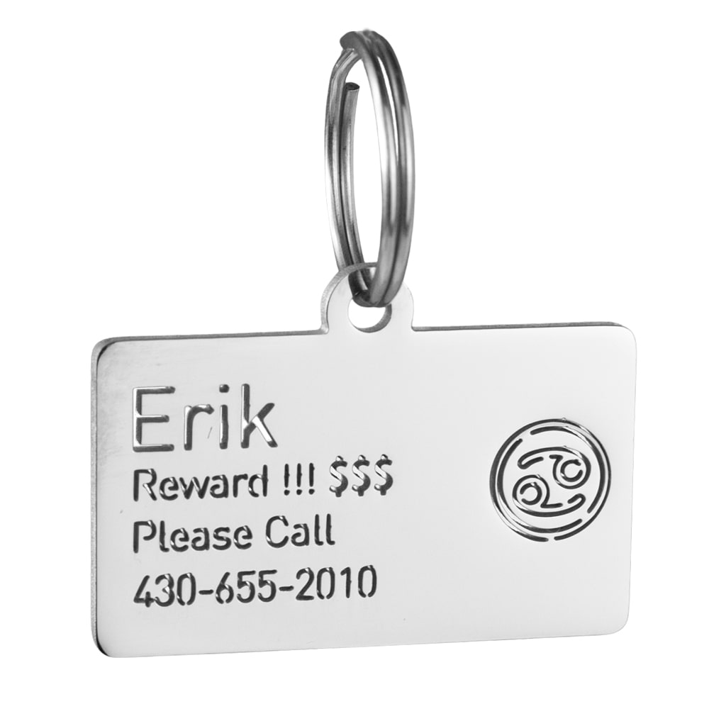 custom hollow laser-cut stainless steel cancer zodiac dog ID tag with cut-through name lettering