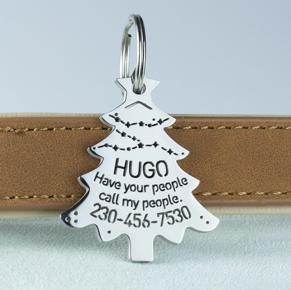 custom hollow laser-cut stainless steel christmas tree dog ID tag with cut-through name lettering