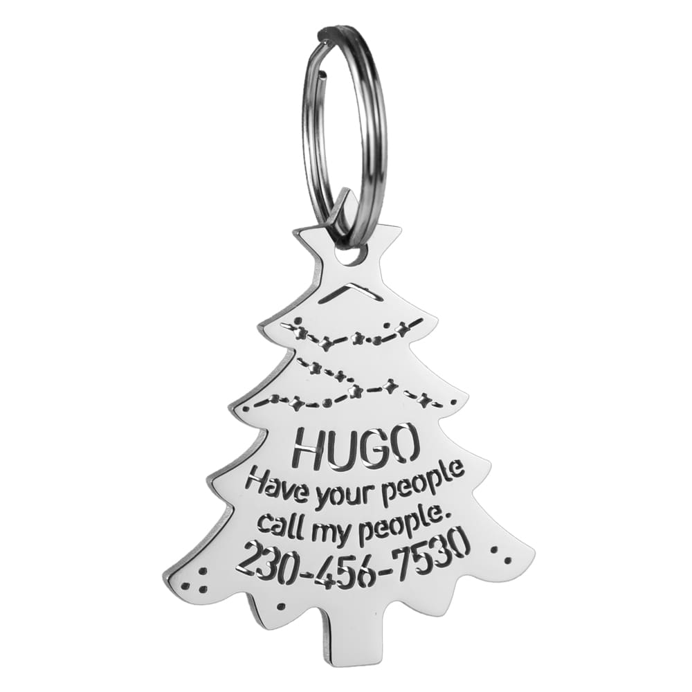 custom hollow laser-cut stainless steel christmas tree dog ID tag with cut-through name lettering
