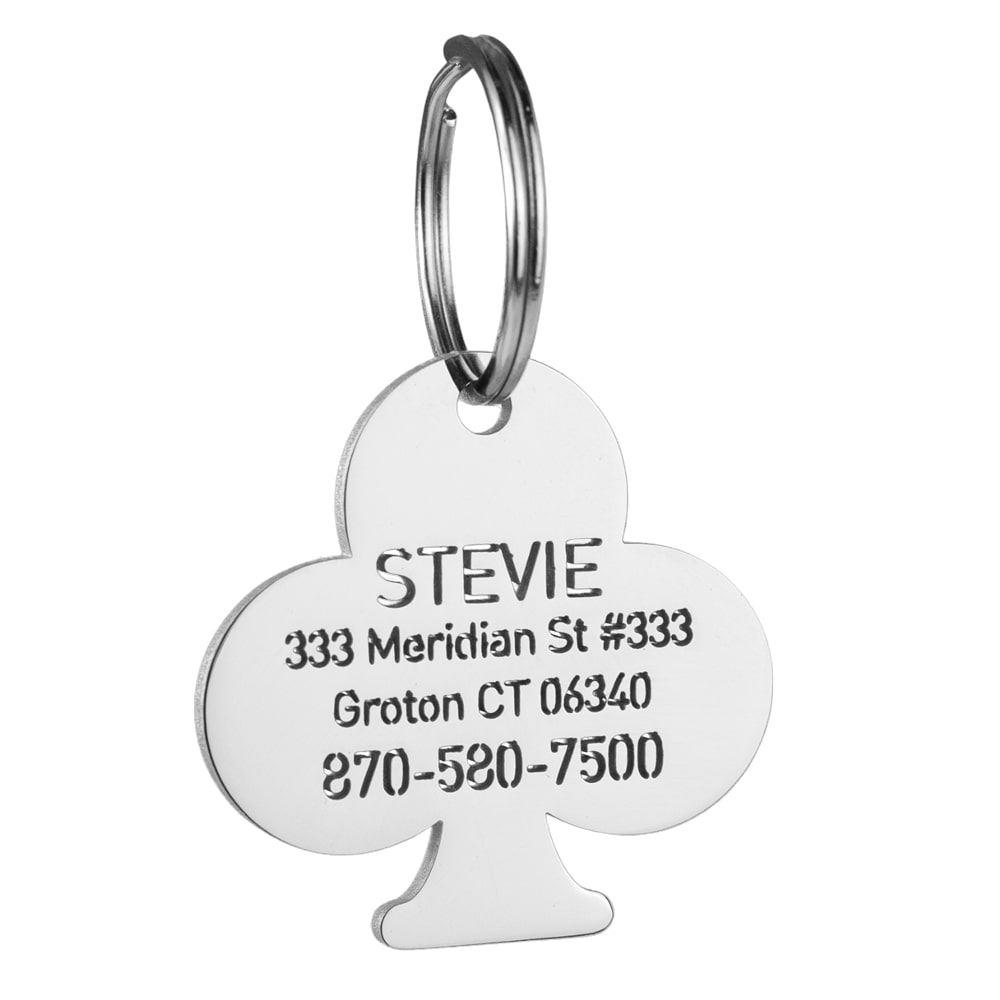 custom hollow laser-cut stainless steel clubs dog ID tag with cut-through name lettering