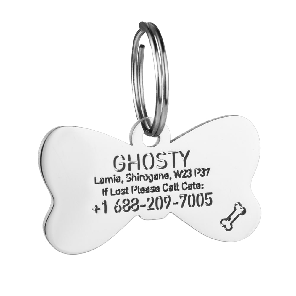 custom hollow laser-cut stainless steel cravat dog ID tag with cut-through name lettering