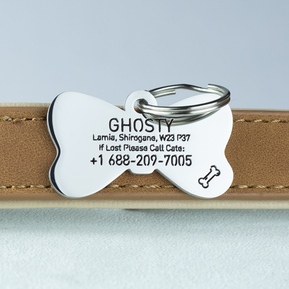 custom hollow laser-cut stainless steel cravat dog ID tag with cut-through name lettering
