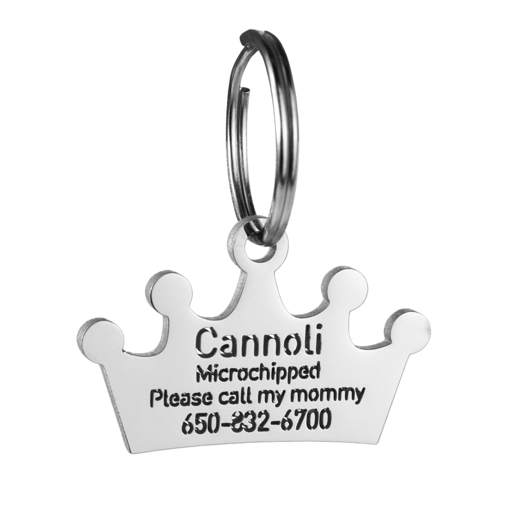 custom hollow laser-cut stainless steel crown dog ID tag with cut-through name lettering