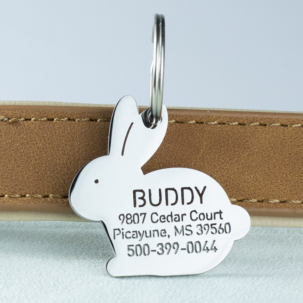 custom hollow laser-cut stainless steel cute bunny dog ID tag with cut-through name lettering