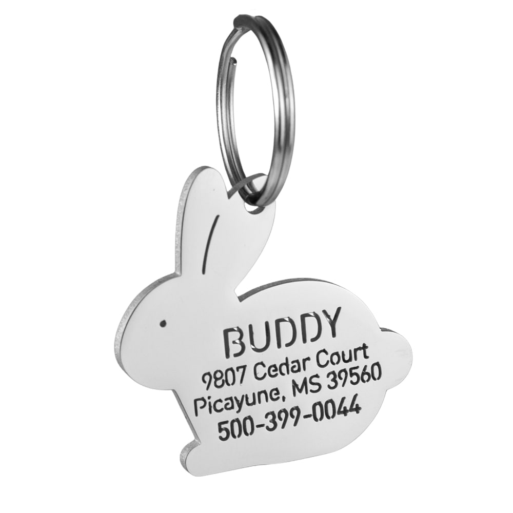 custom hollow laser-cut stainless steel cute bunny dog ID tag with cut-through name lettering