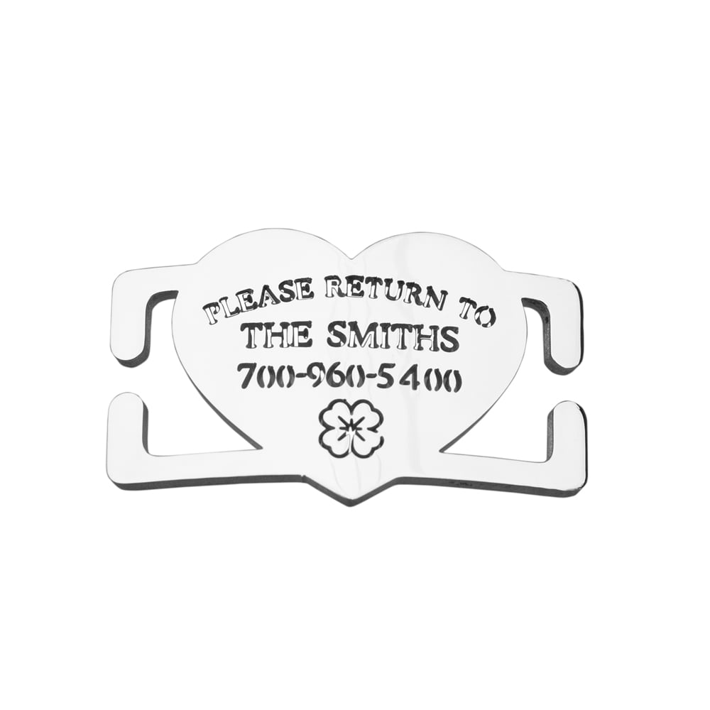 custom laser-cut stainless steel heart shaped slide-on dog ID tag shown flat on a collar, with name engraving