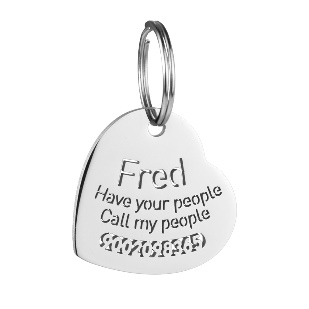 custom hollow laser-cut stainless steel heart shaped dog ID tag with cut-through name lettering