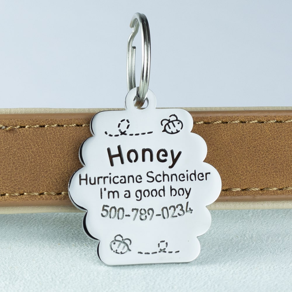 custom hollow laser-cut stainless steel hive dog ID tag with cut-through name lettering