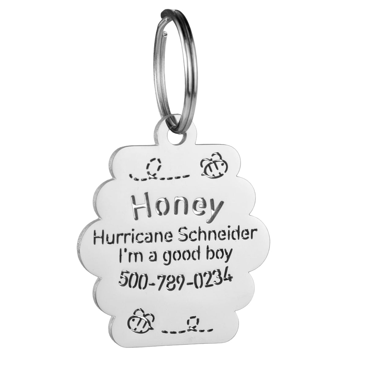 custom hollow laser-cut stainless steel hive dog ID tag with cut-through name lettering