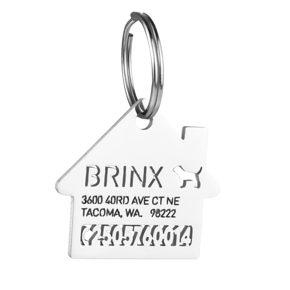 custom hollow laser-cut stainless steel home dog ID tag with cut-through name lettering
