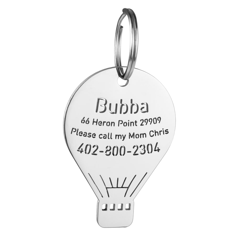 custom hollow laser-cut stainless steel hot air balloon dog ID tag with cut-through name lettering