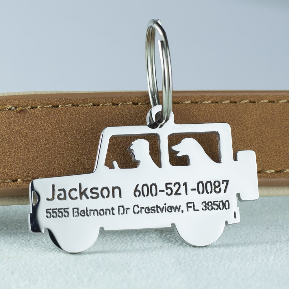 custom hollow laser-cut stainless steel jeep dog ID tag with cut-through name lettering