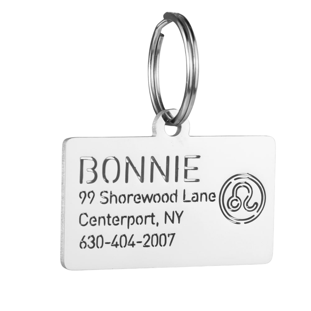 custom hollow laser-cut stainless steel leo zodiac dog ID tag with cut-through name lettering