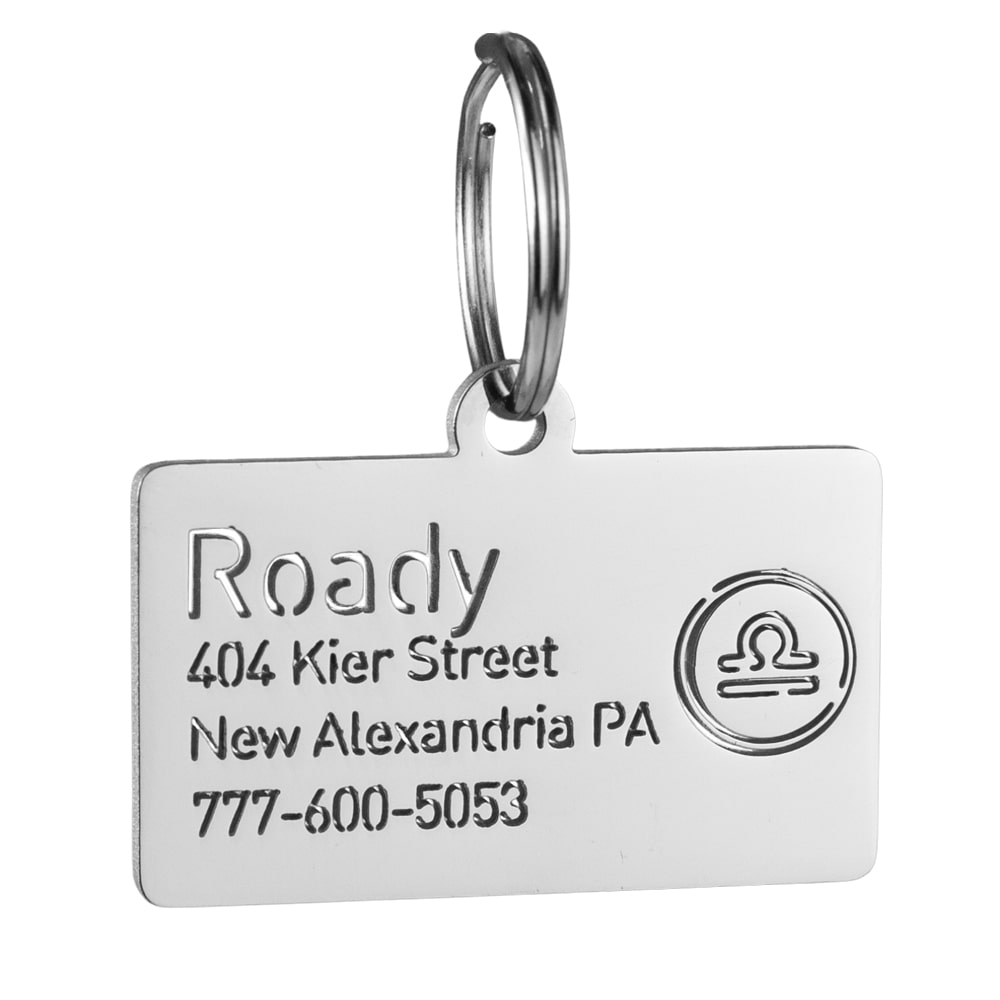custom hollow laser-cut stainless steel libra zodiac dog ID tag with cut-through name lettering