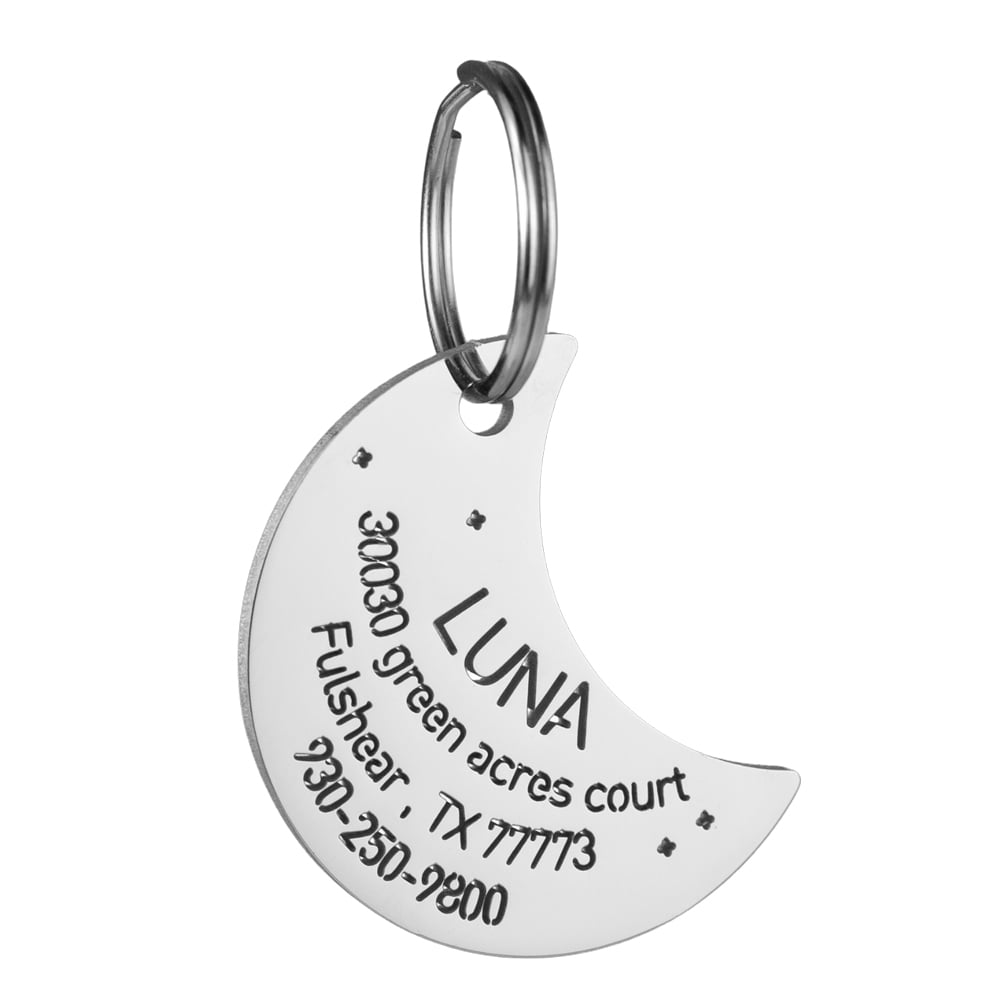 custom hollow laser-cut stainless steel moon dog ID tag with cut-through name lettering