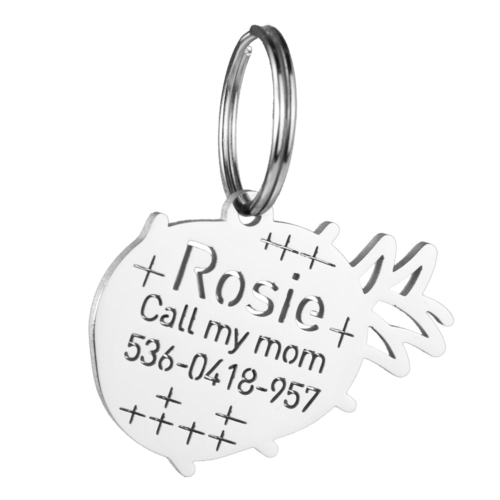 custom hollow laser-cut stainless steel pineapple dog ID tag with cut-through name lettering