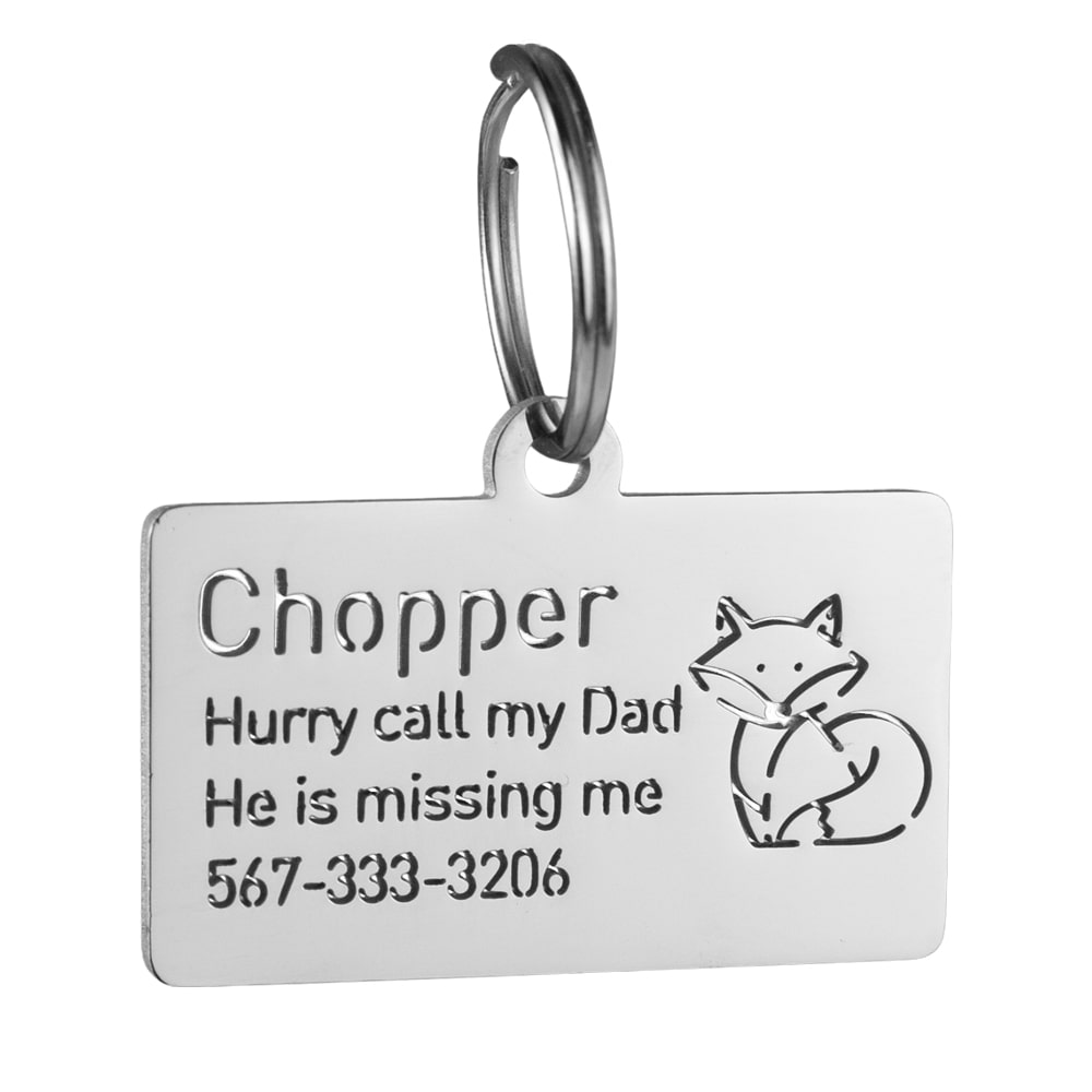 custom hollow laser-cut stainless steel rectangle dog ID tag with fox icon with cut-through name lettering