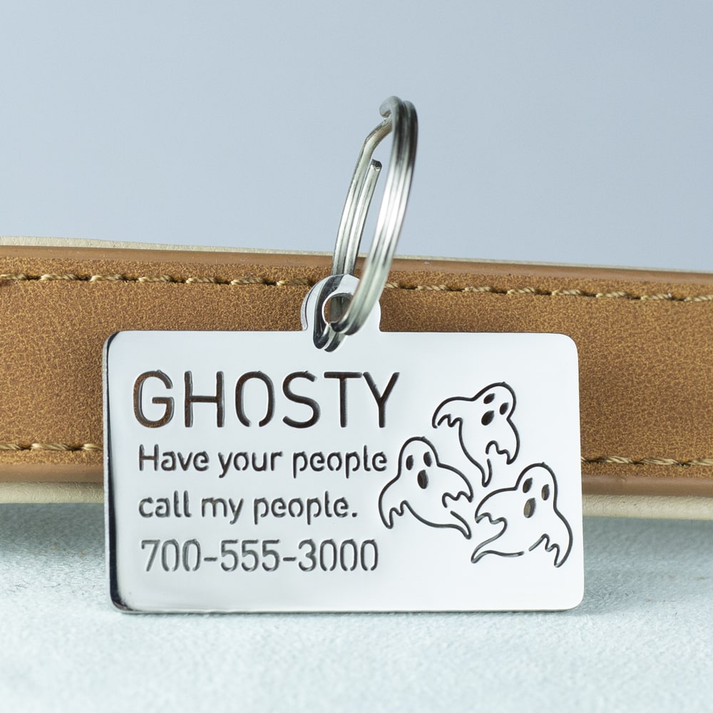 custom hollow laser-cut stainless steel rectangle dog ID tag with ghost icon with cut-through name lettering